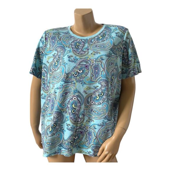 KIM ROGERS Womens Size XL Short Sleeve Paisley Boho Print Crew Neck T Tee Shirt - Picture 1 of 6